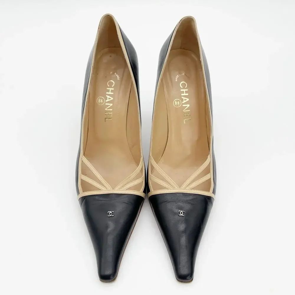 Chanel Vintage Black Leather Pumps Beige Crisscross Straps Micro CC Heels EU 40